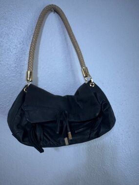 Gianni Bini Black Shoulder Bag with Braided Tan Handle